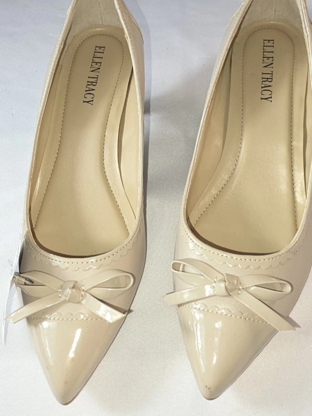 Ellen Tracy Patent Pointed-Toe Flats in Beige with Bow